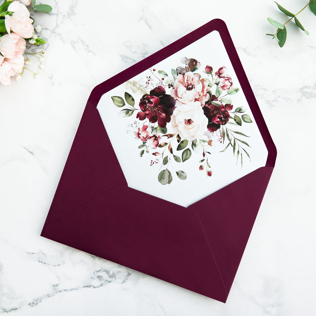 PONATIA 50 Pieces Burgundy Floral Liner Euro Flap Envelopes for  Wedding Invitation Card