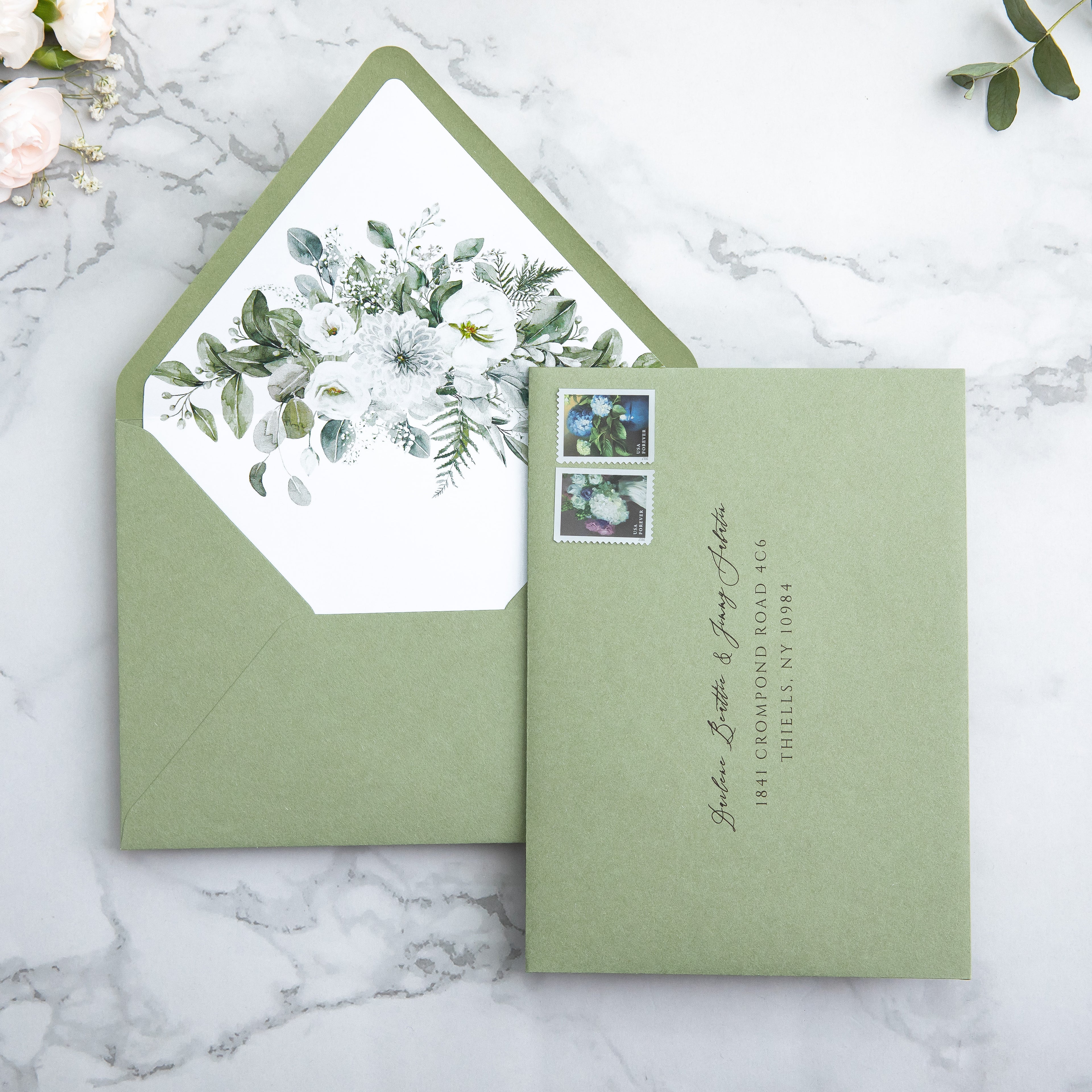 PONATIA 50 Pieces Sage Green & Flowers Liner Euro Flap Envelopes for  Wedding Invitation Card（副本）