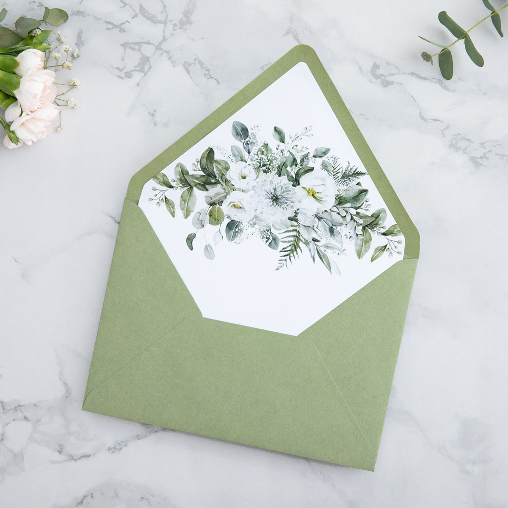 PONATIA 50 Pieces Sage Green & Flowers Liner Euro Flap Envelopes for  Wedding Invitation Card（副本）