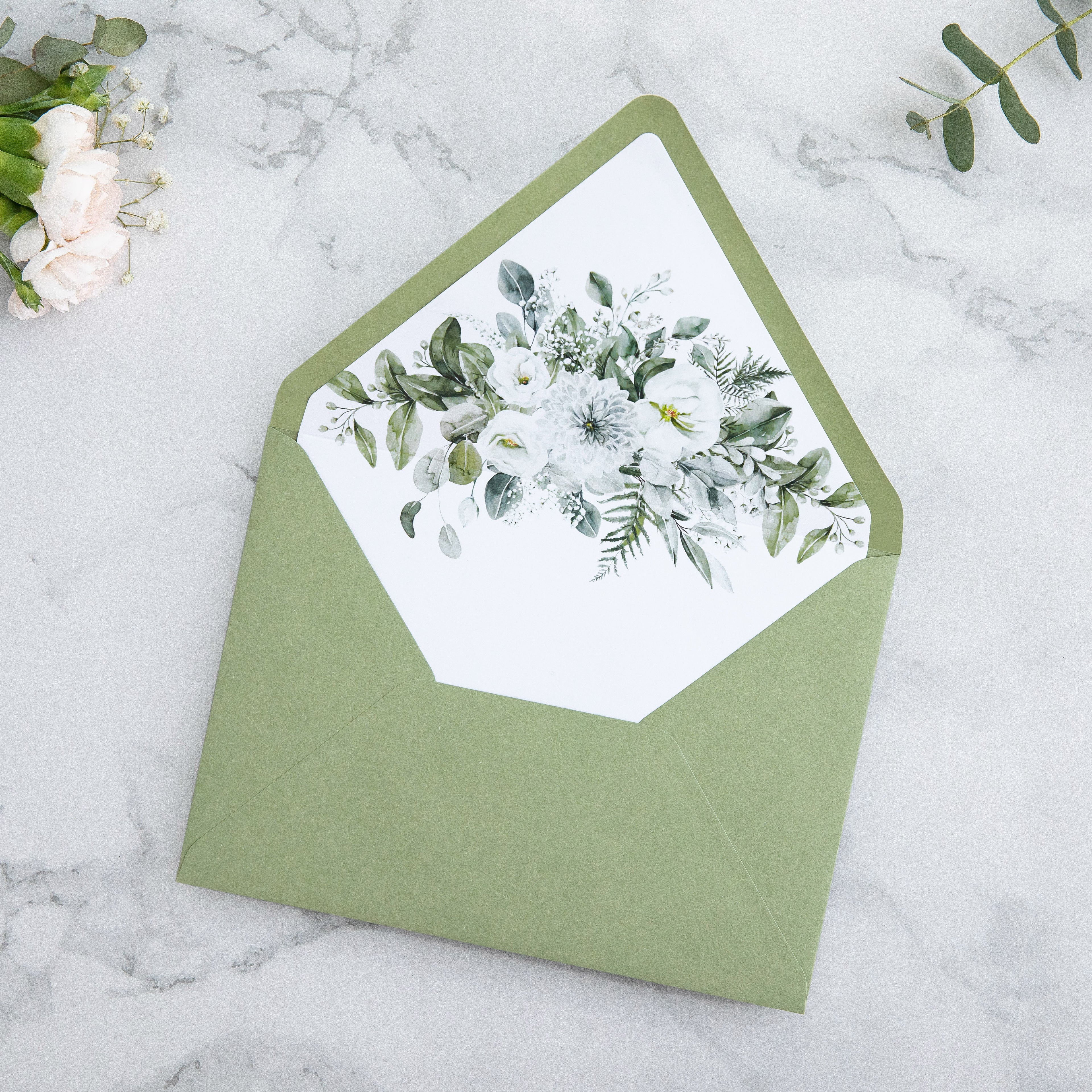 PONATIA 50 Pieces Sage Green & Flowers Liner Euro Flap Envelopes for  Wedding Invitation Card（副本）