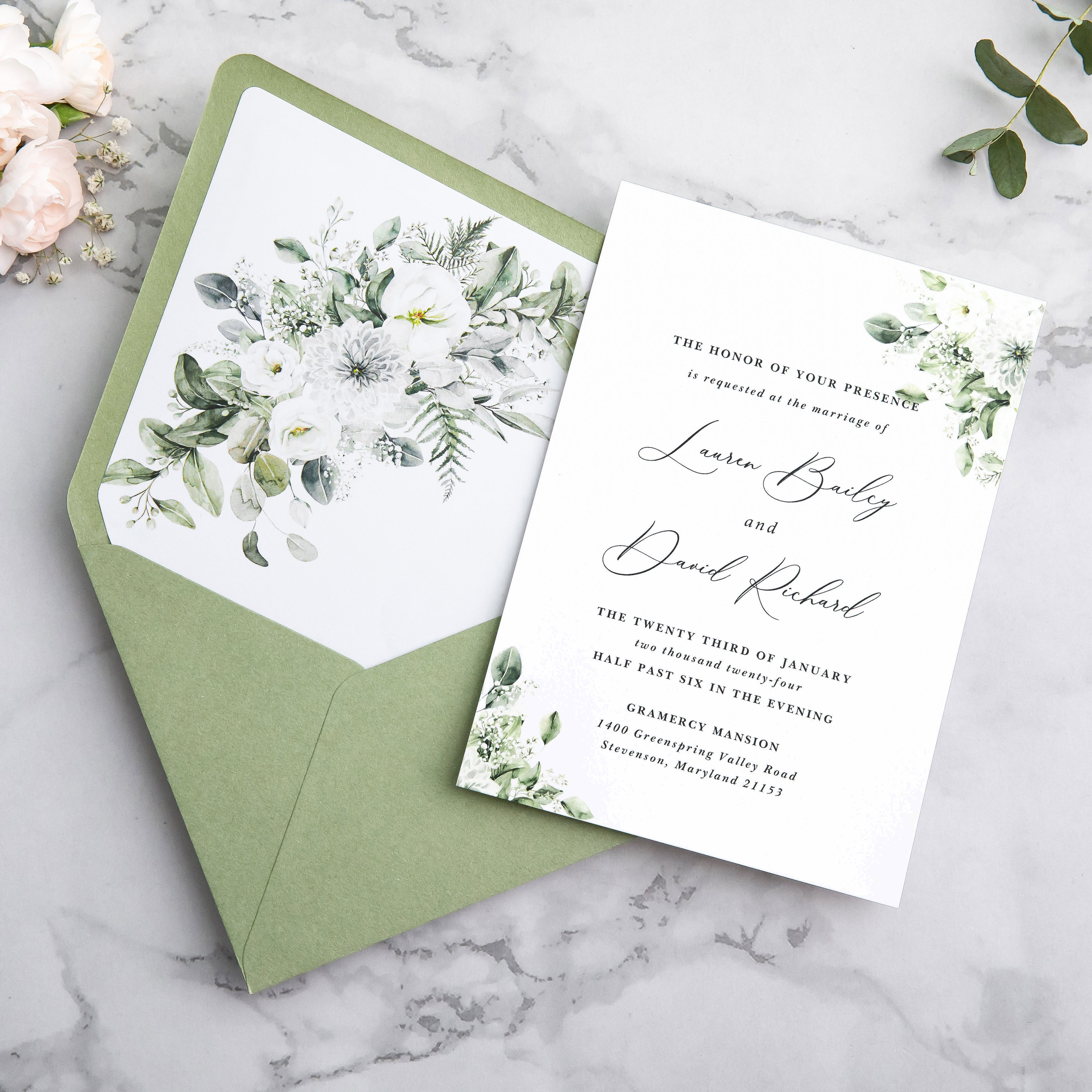 PONATIA 50 Pieces Sage Green & Flowers Liner Euro Flap Envelopes for  Wedding Invitation Card（副本）