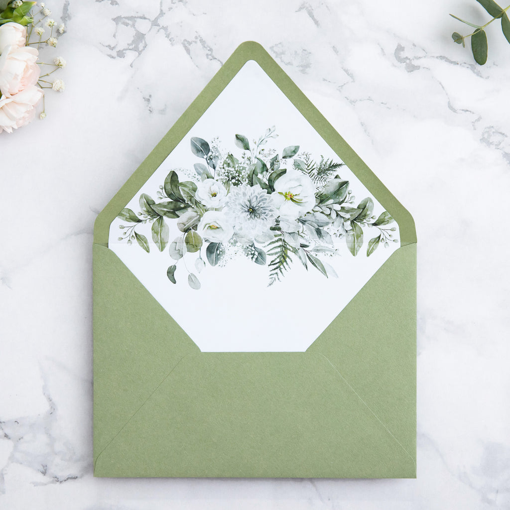 PONATIA 50 Pieces Sage Green & Flowers Liner Euro Flap Envelopes for  Wedding Invitation Card（副本）