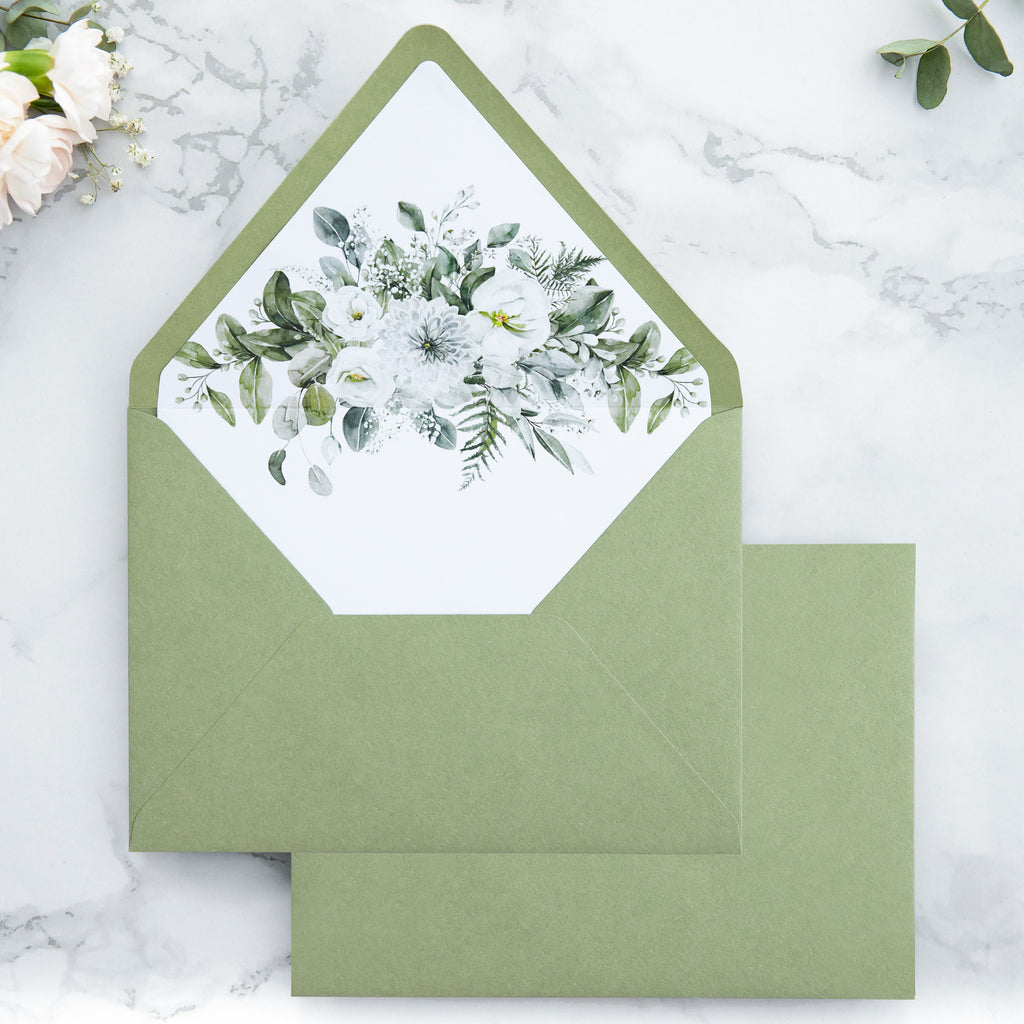PONATIA 50 Pieces Sage Green & Flowers Liner Euro Flap Envelopes for  Wedding Invitation Card（副本）