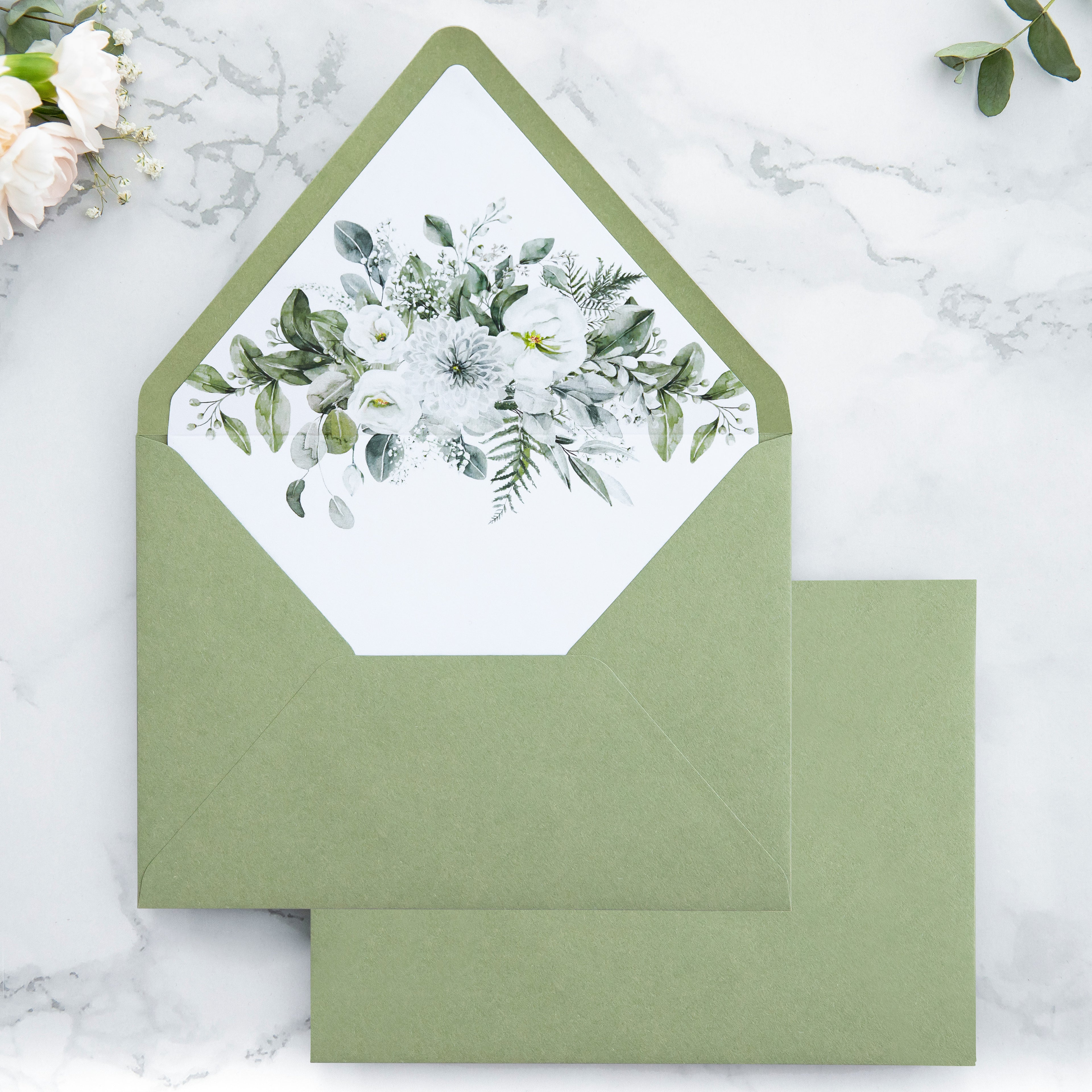 PONATIA 50 Pieces Sage Green & Flowers Liner Euro Flap Envelopes for  Wedding Invitation Card（副本）