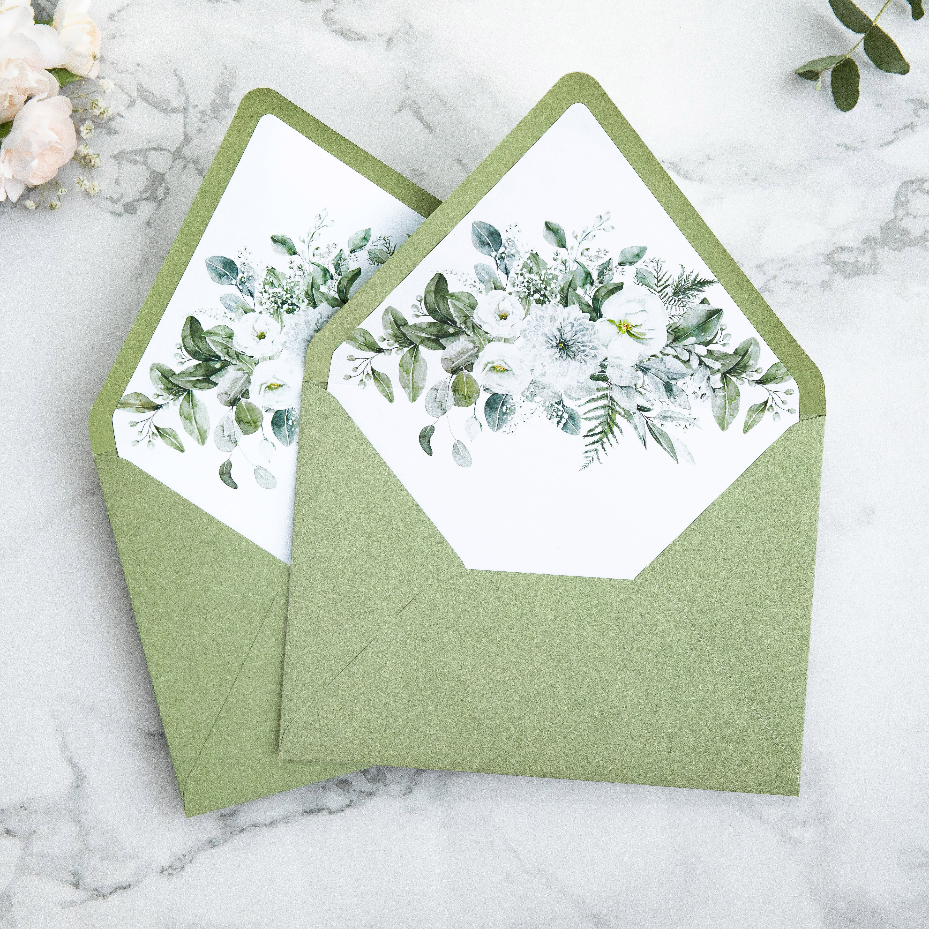 PONATIA 50 Pieces Sage Green & Flowers Liner Euro Flap Envelopes for  Wedding Invitation Card（副本）