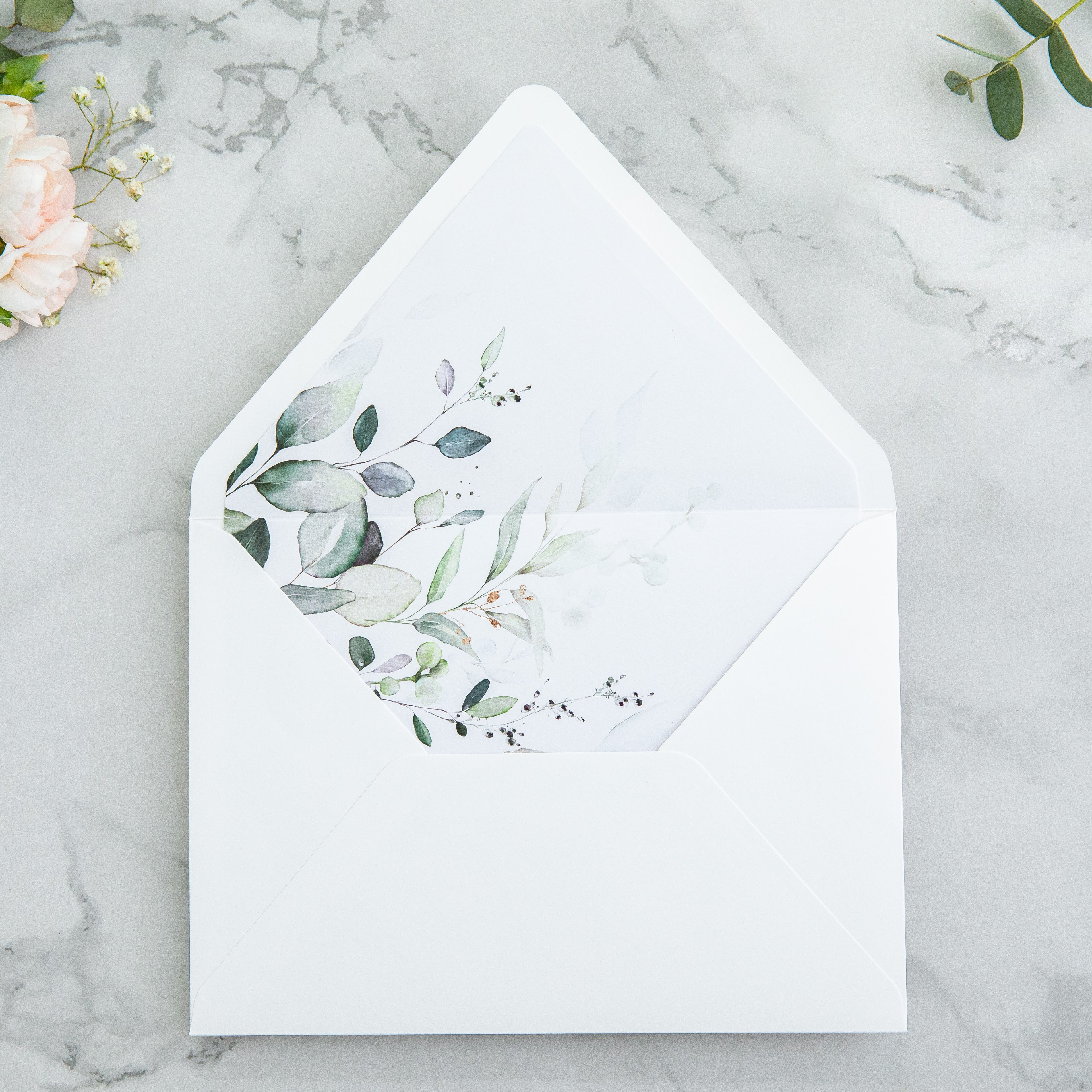 PONATIA 50 Pieces White & Green Leaves Liner Euro Flap Envelopes for  Wedding Invitation Card