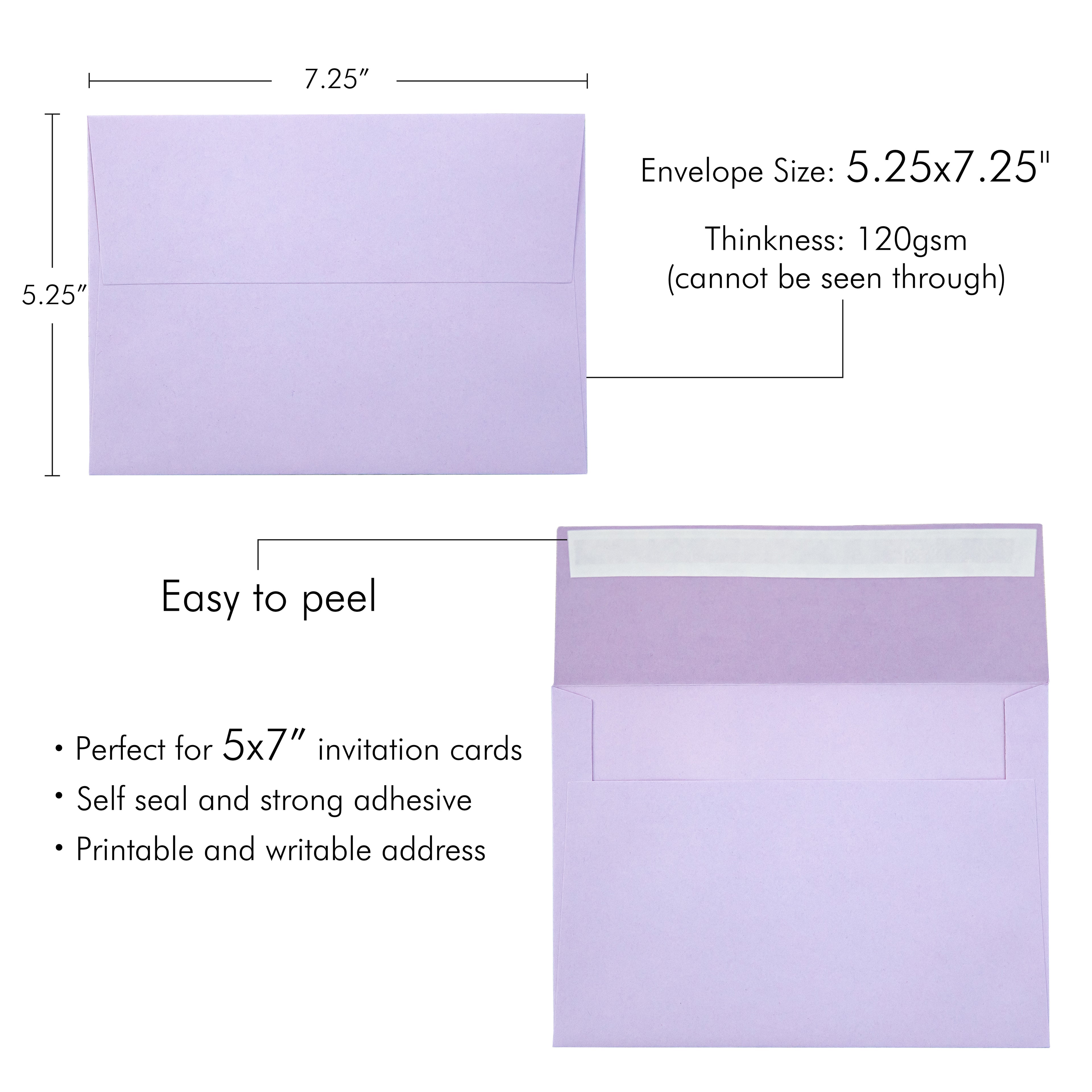 PONATIA 50 Pieces 5x7 Lilac Envelopes, A7 Envelopes Self Seal for Weddings, Invitation Cards