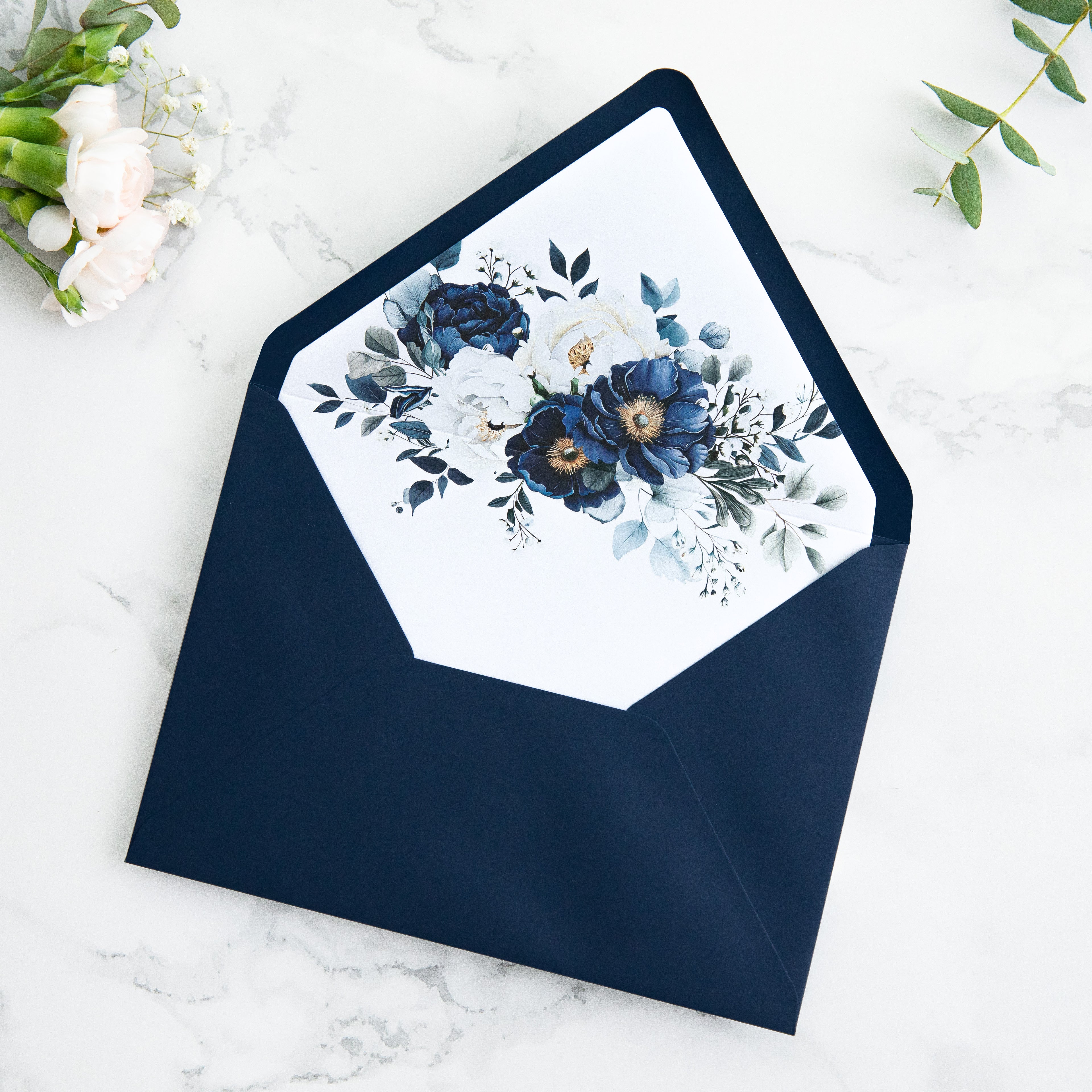 PONATIA 50 Pieces Navy Blue Floral Liner Euro Flap Envelopes for  Wedding Invitation Card