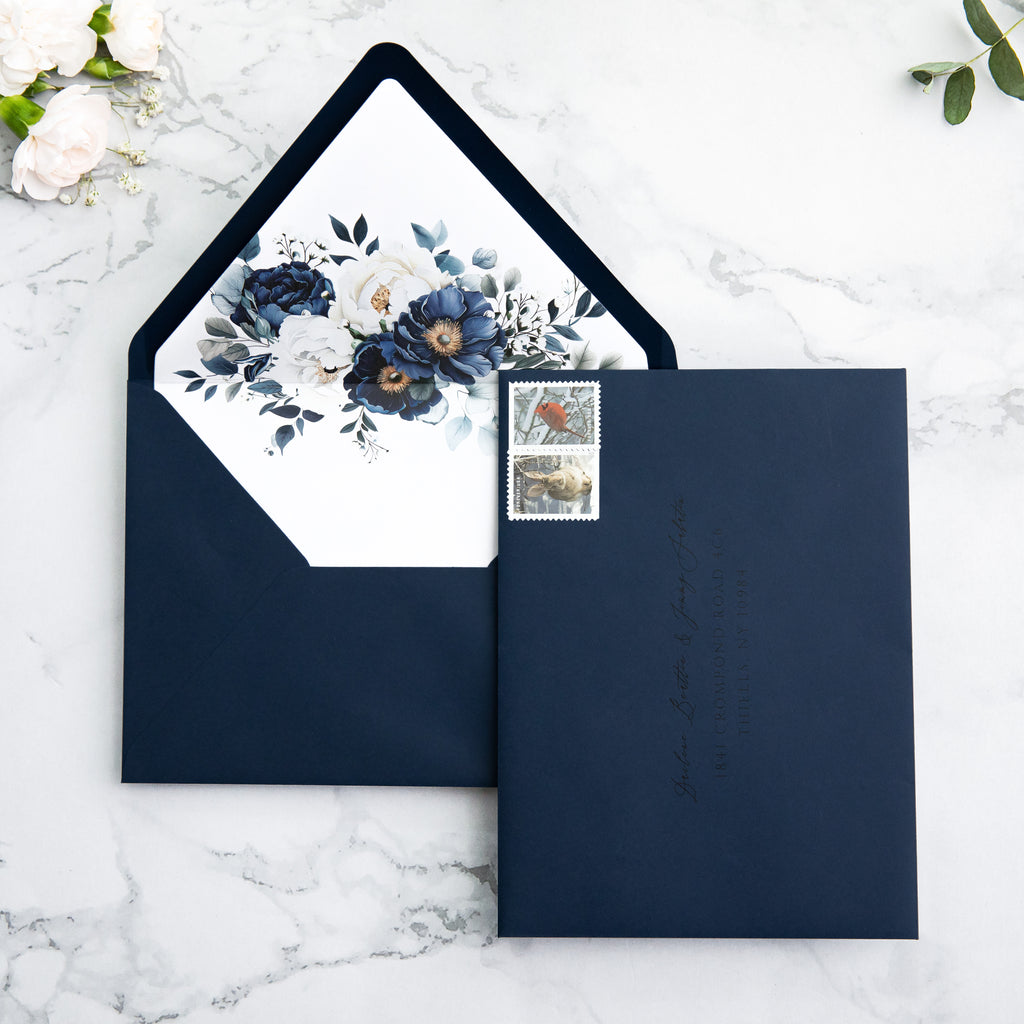 PONATIA 50 Pieces Navy Blue Floral Liner Euro Flap Envelopes for  Wedding Invitation Card