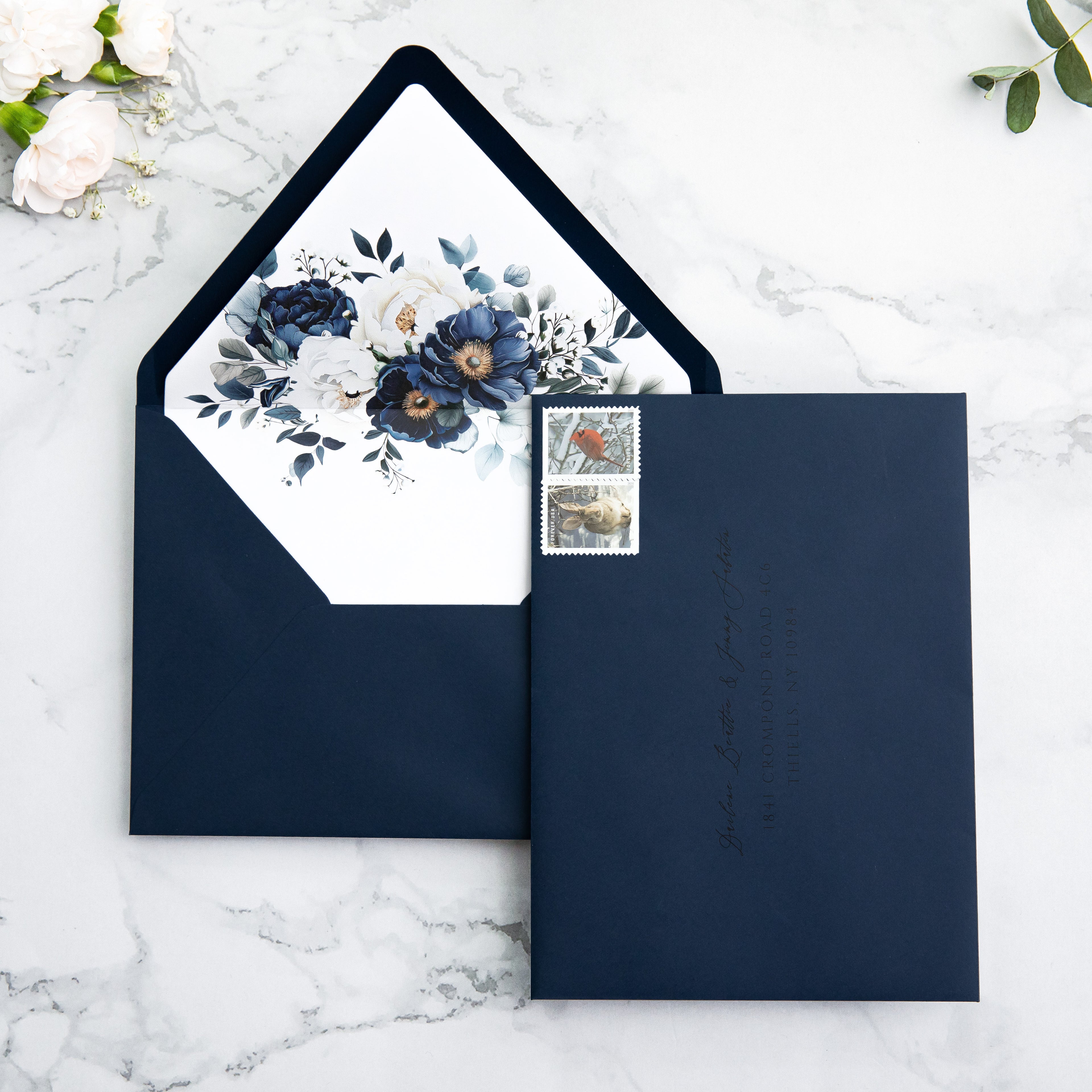 PONATIA 50 Pieces Navy Blue Floral Liner Euro Flap Envelopes for  Wedding Invitation Card