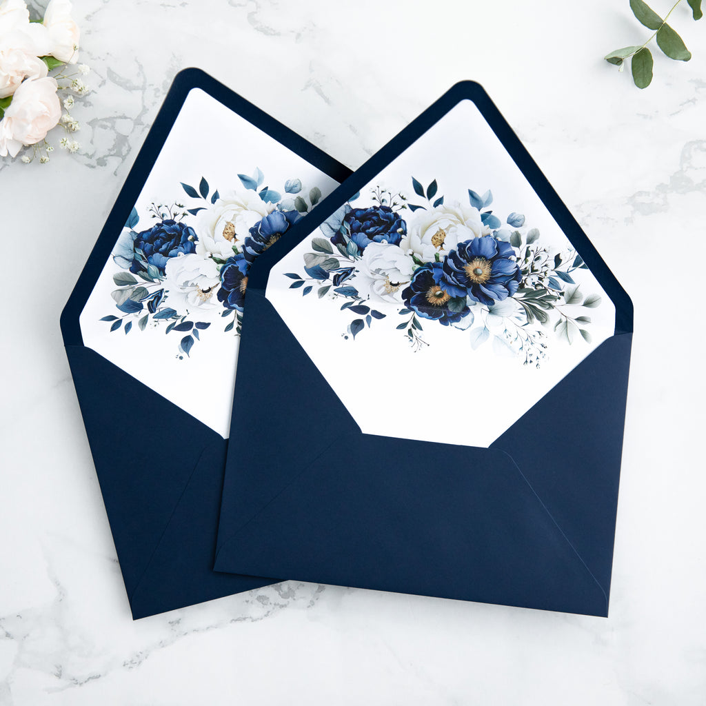 PONATIA 50 Pieces Navy Blue Floral Liner Euro Flap Envelopes for  Wedding Invitation Card