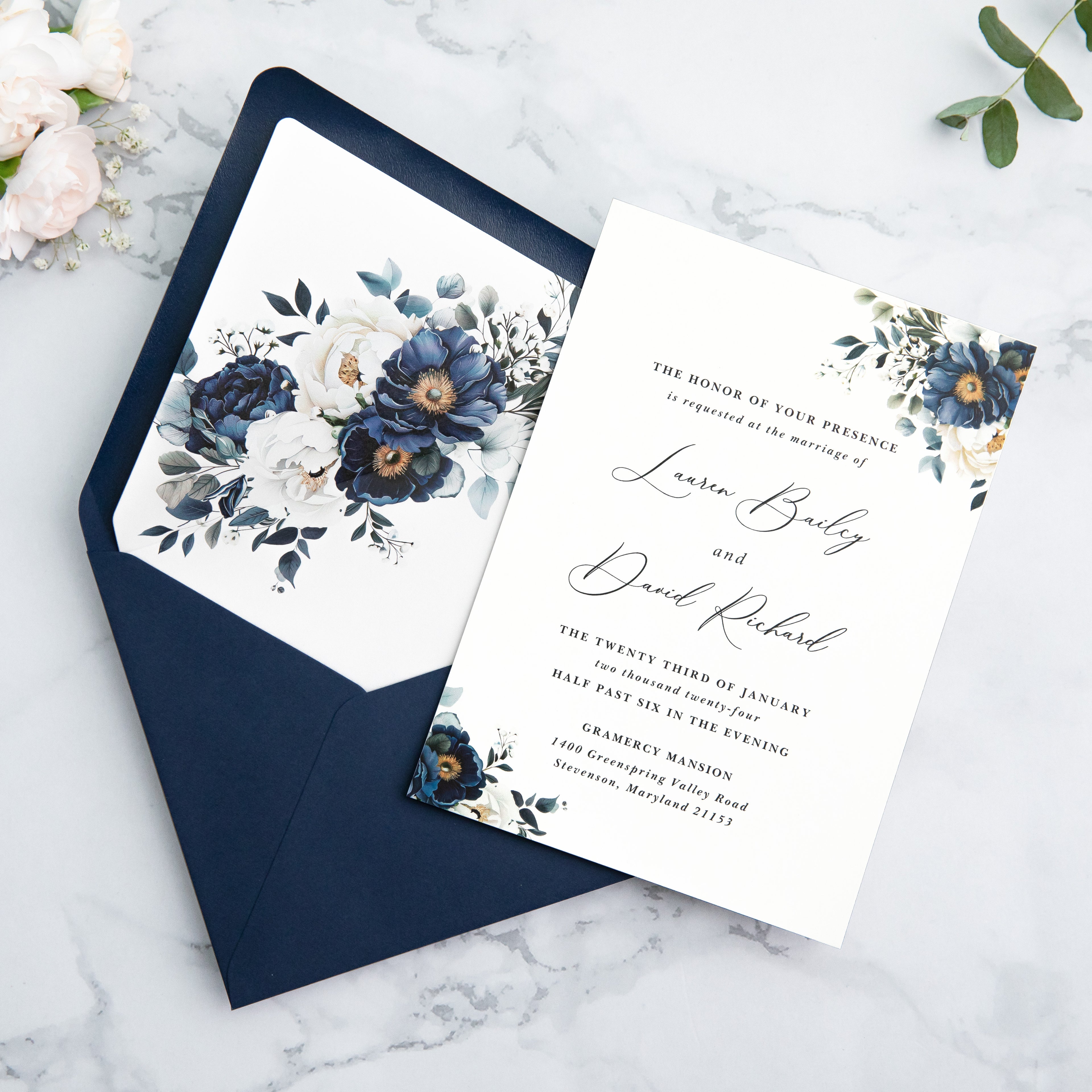 PONATIA 50 Pieces Navy Blue Floral Liner Euro Flap Envelopes for  Wedding Invitation Card