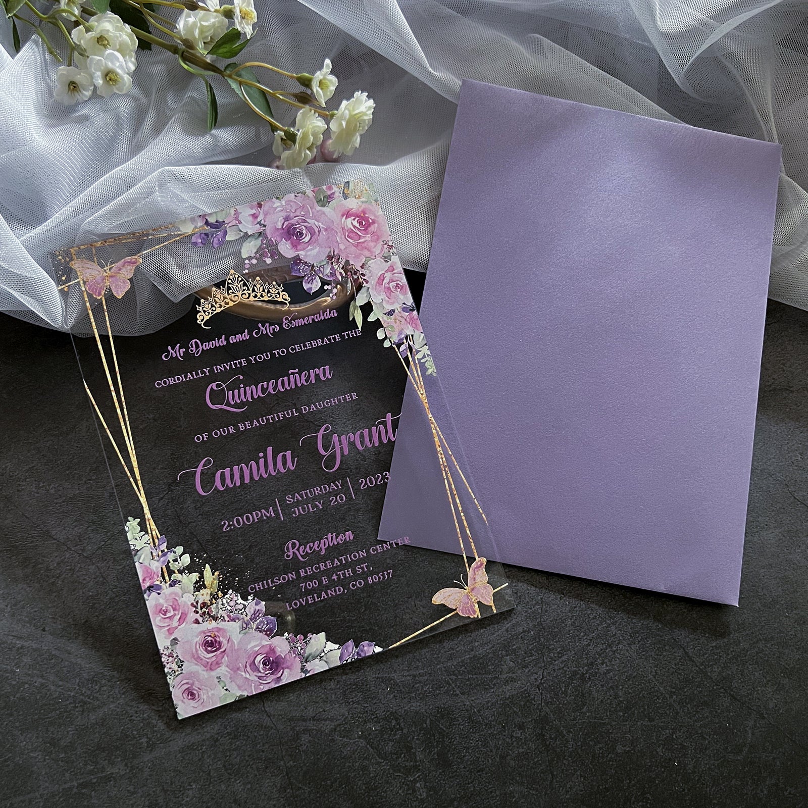 PONATIA 1mm/0.04" Lilac Acrylic Quinceanera Invitation Cards with Envelopes