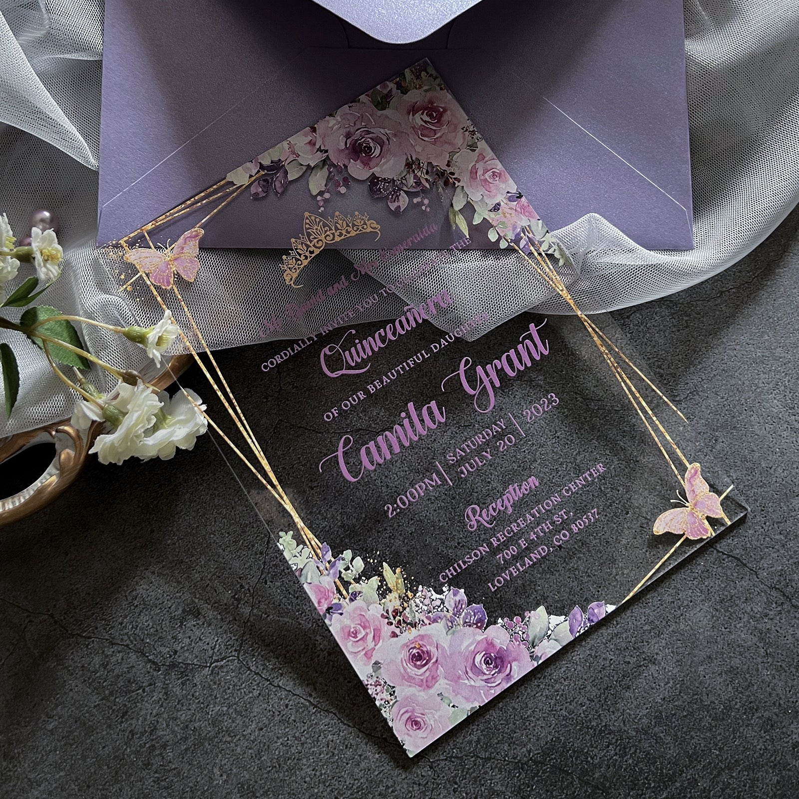 PONATIA 1mm/0.04" Lilac Acrylic Quinceanera Invitation Cards with Envelopes