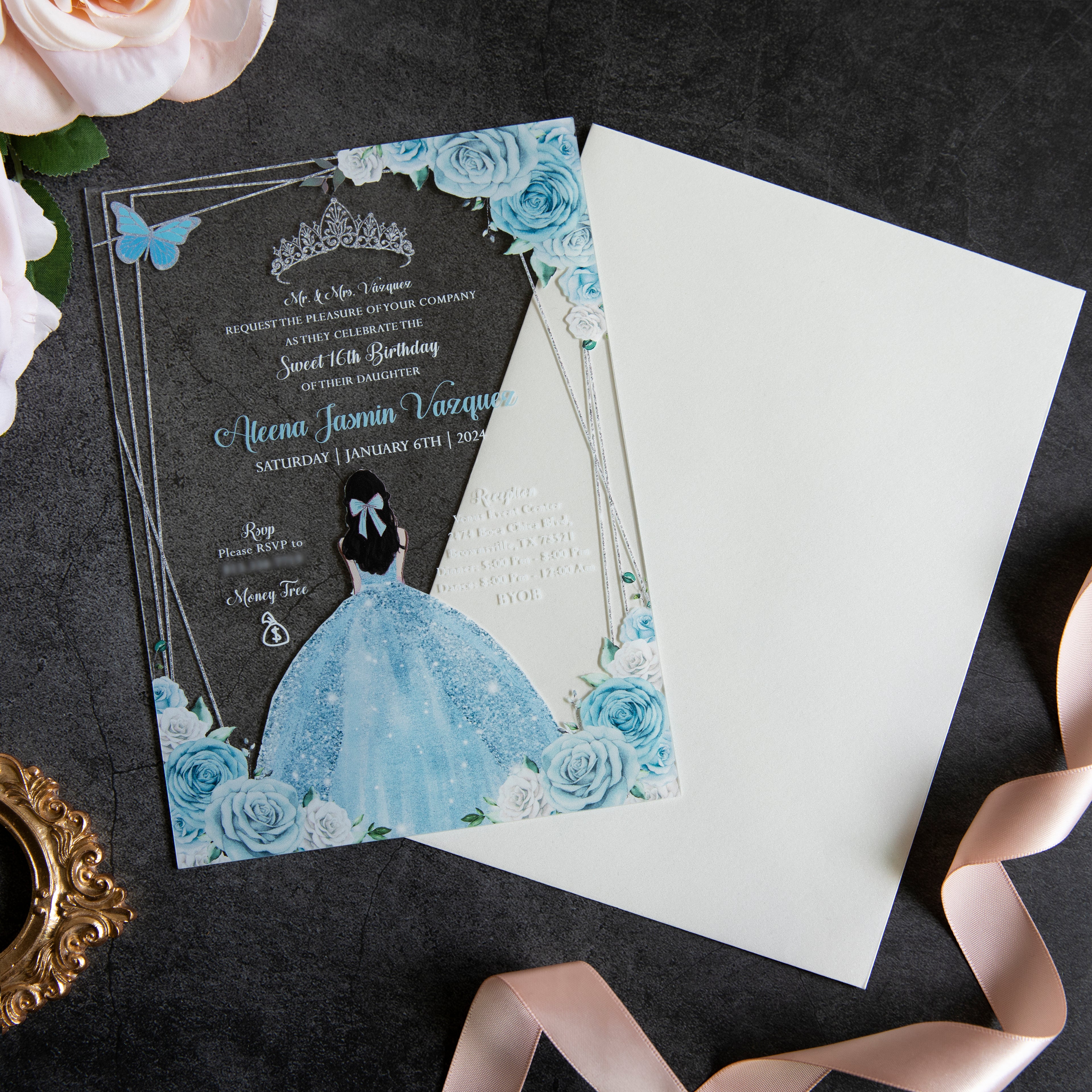 PONATIA 1mm/0.04" Light Blue Acrylic Quinceanera Invitation Cards with Envelopes