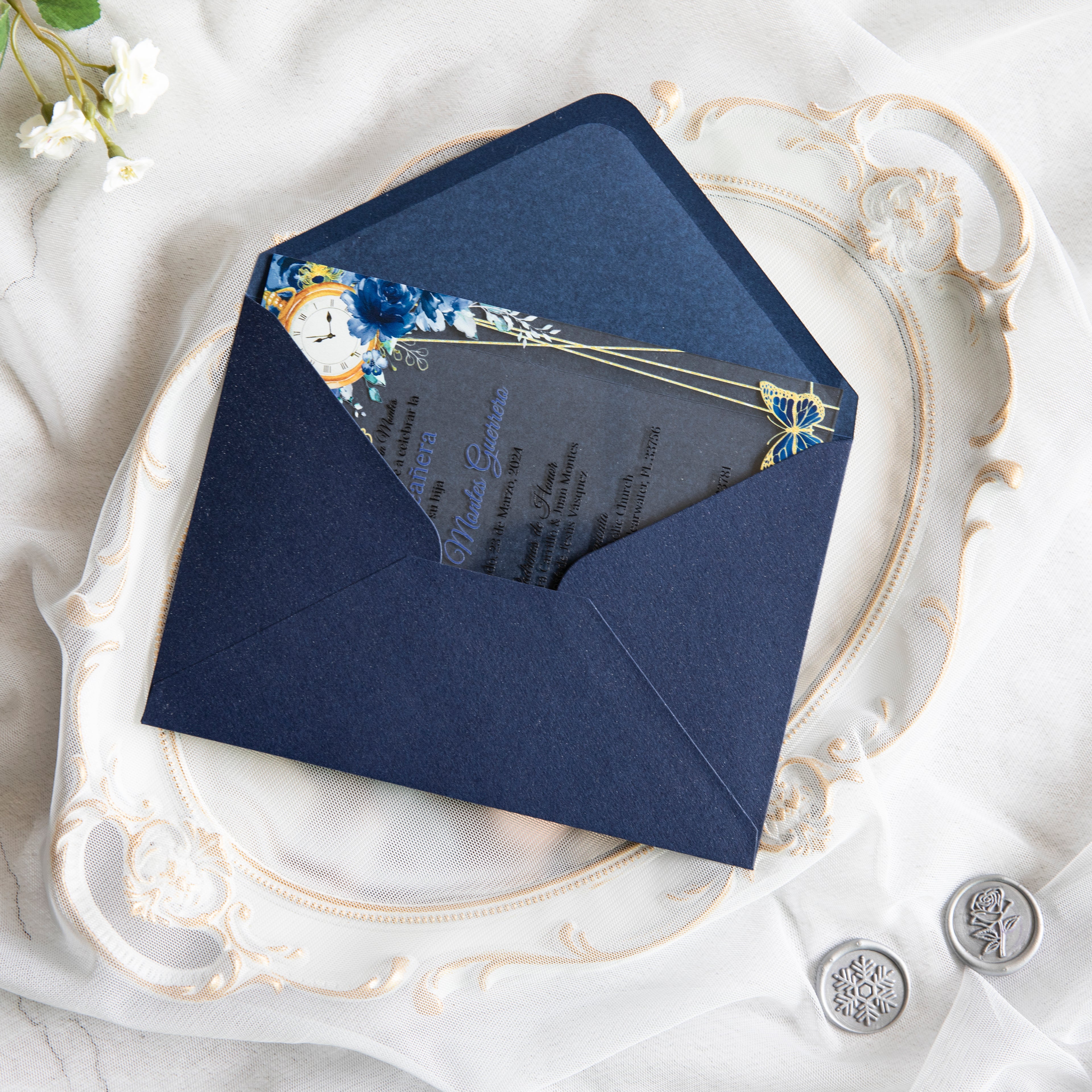 PONATIA 1mm/0.04" Dark Navy Blue Acrylic Quinceanera Invitation Cards with Envelopes