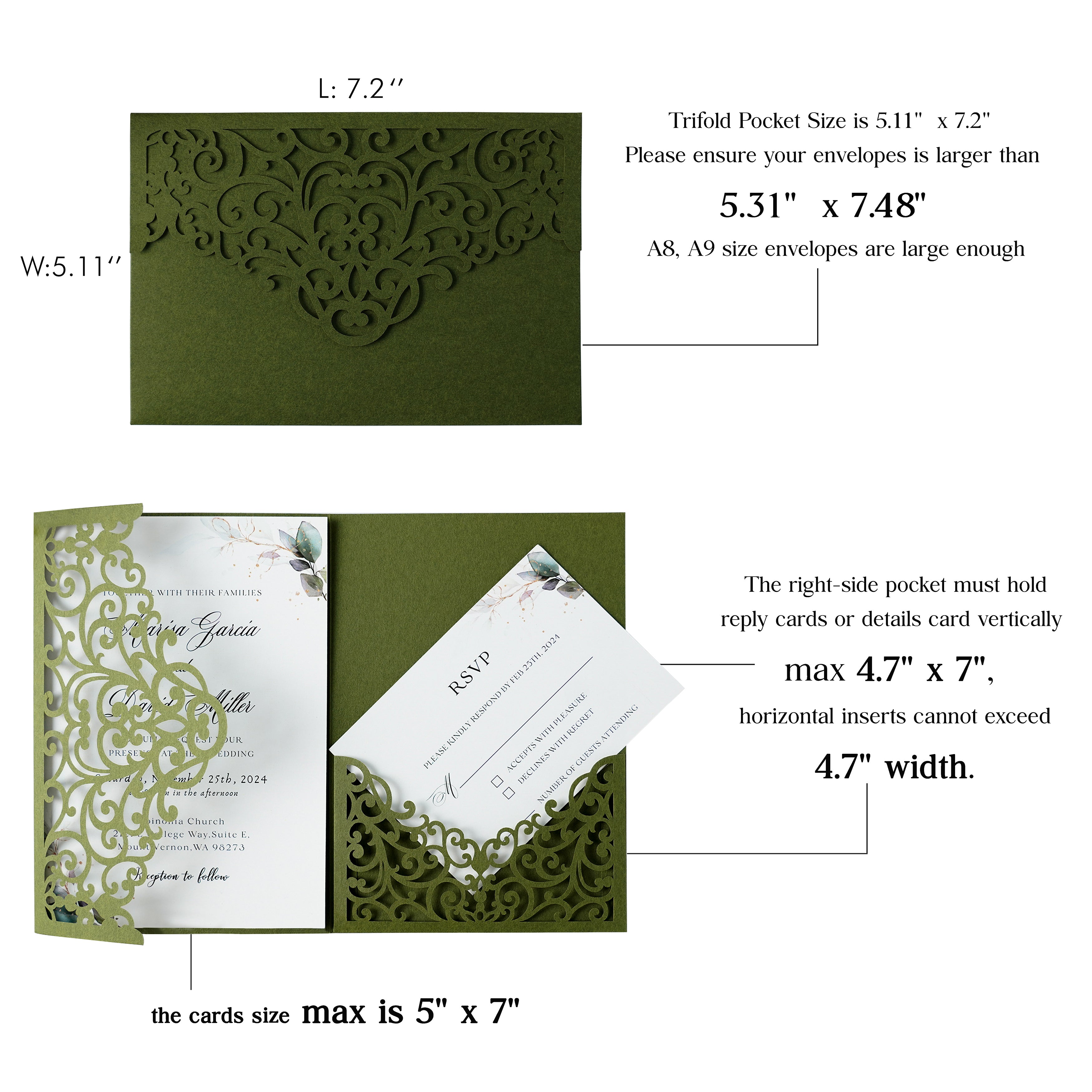 PONATIA  20PCS Olive Green Laser Cut Wedding Invitations Pockets