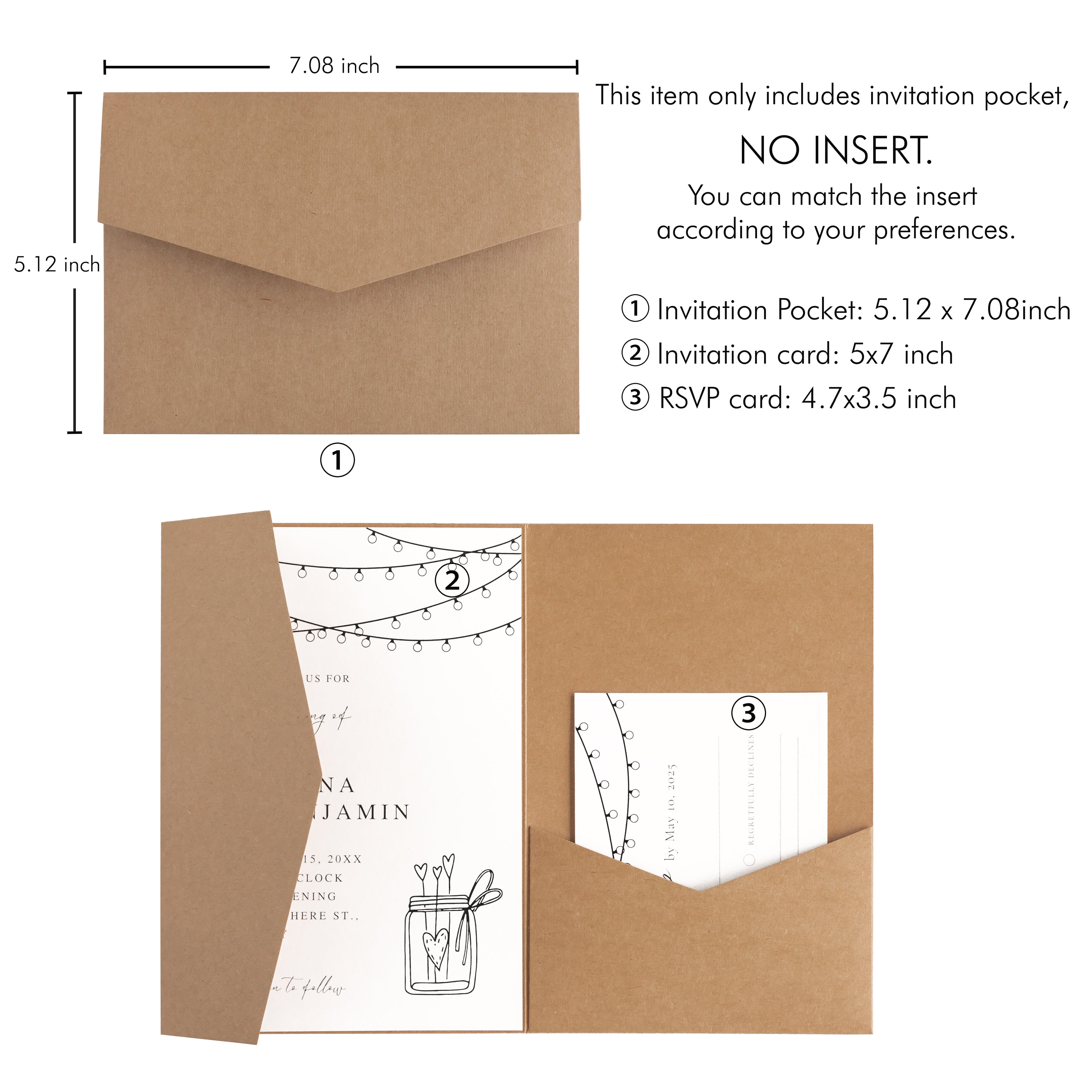 PONATIA 20 PCS Ivory Tri-fold Wedding Invitation Pockets for 5x7 Wedding Cards