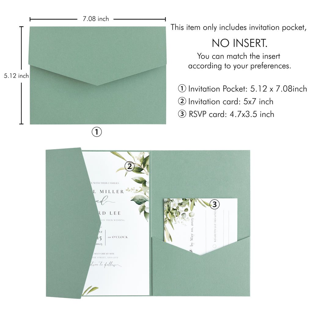 PONATIA 20 PCS Sage Green Tri-fold Wedding Invitation Pockets for 5x7 Wedding Cards