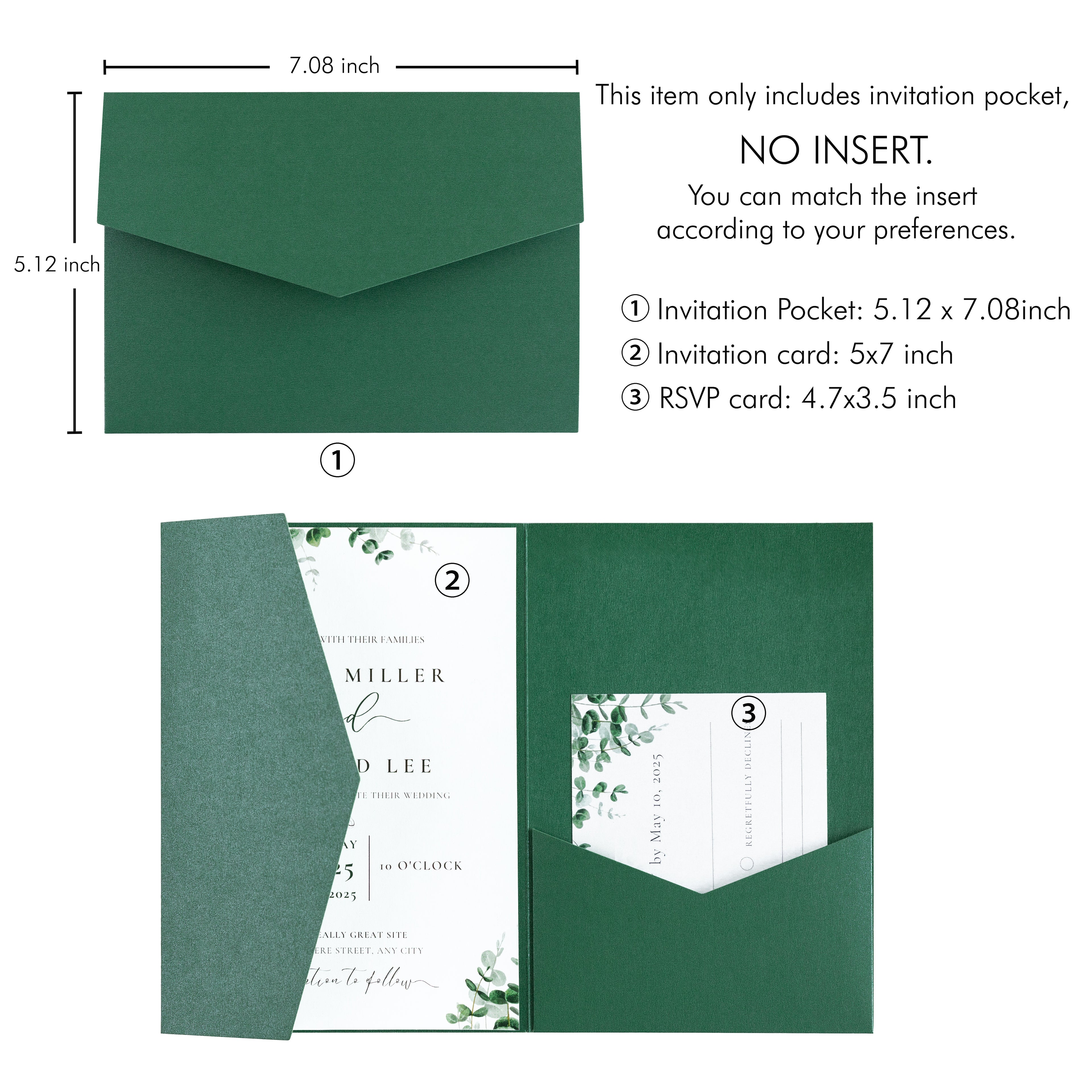 PONATIA 20 PCS Emerald Green Tri-fold Wedding Invitation Pockets for 5x7 Wedding Cards