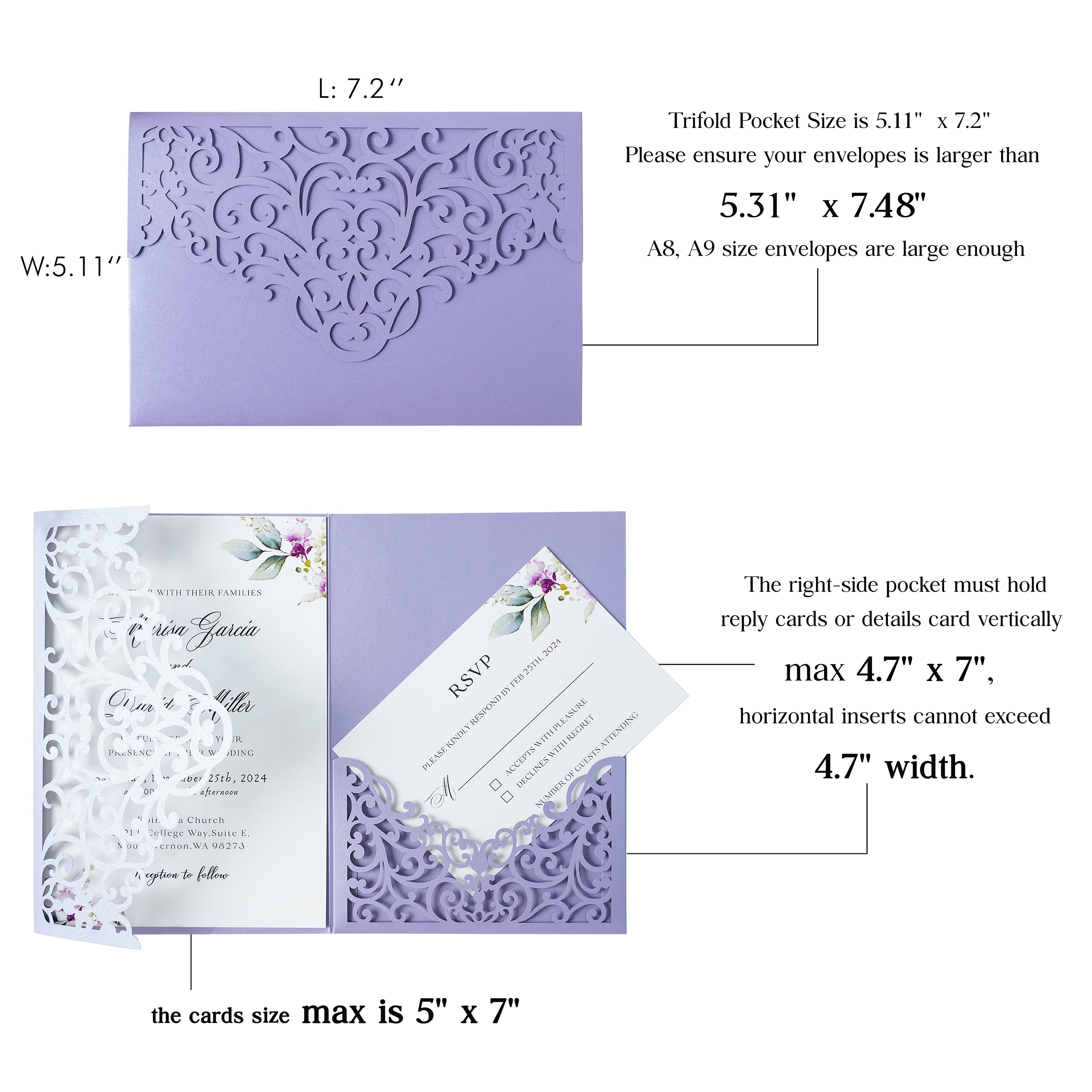 PONATIA  20PCS Lilac Laser Cut Wedding Invitations Pockets