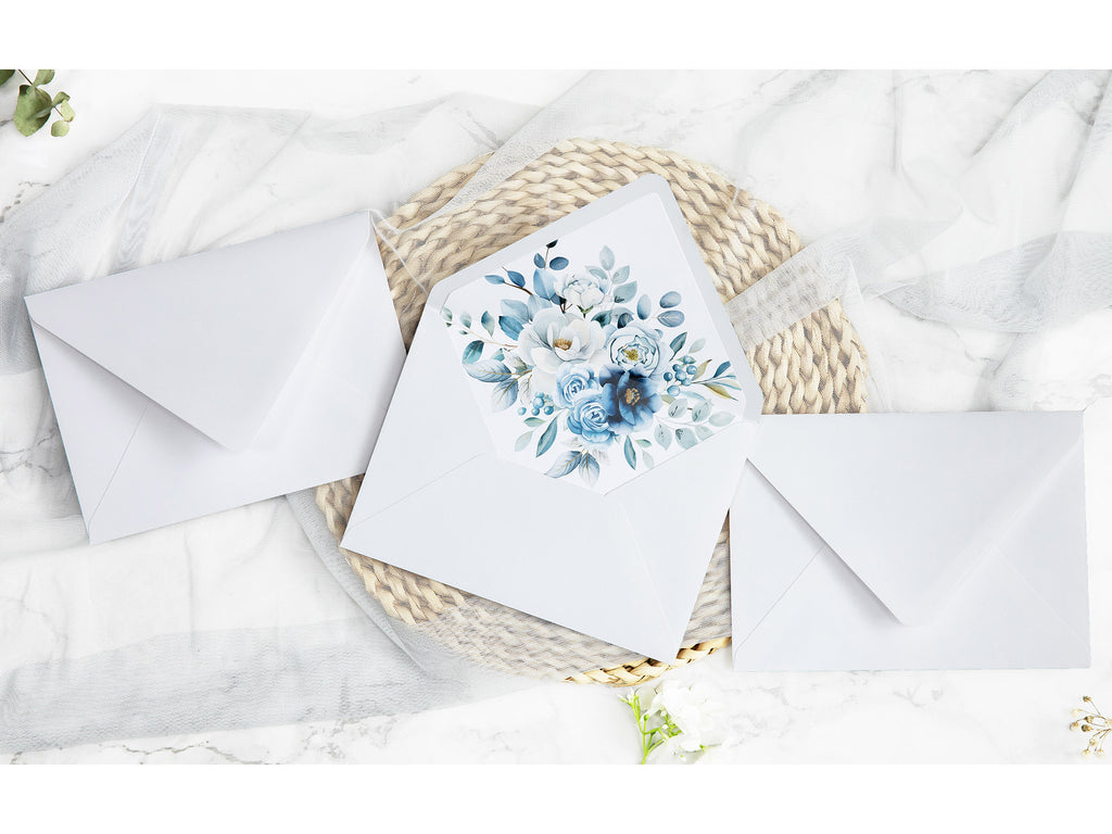 PONATIA 50 Pieces White & Dusty Blue Liner Euro Flap Envelopes for  Wedding Invitation Card