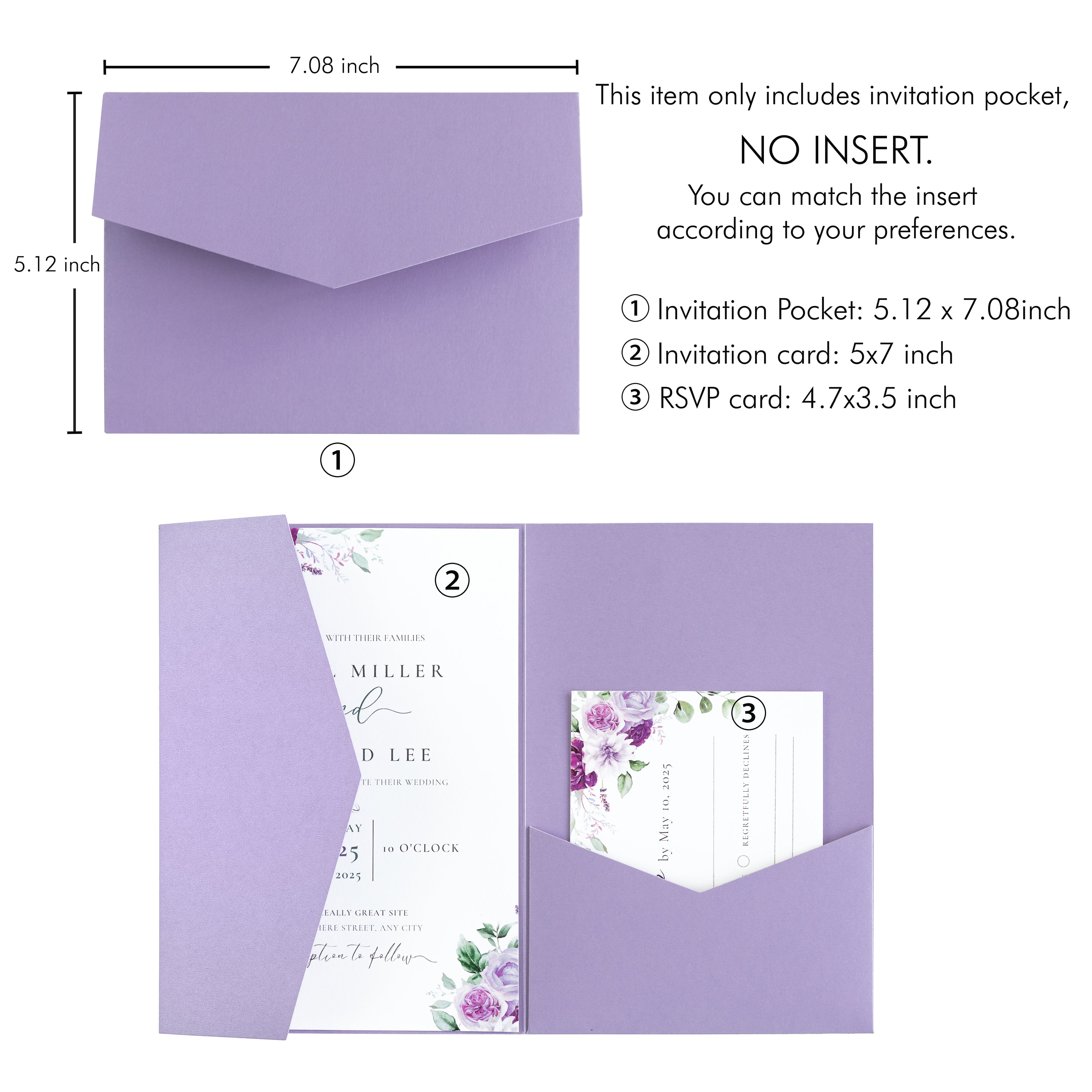 PONATIA 20 PCS Lilac Tri-fold Wedding Invitation Pockets for 5x7 Wedding Cards