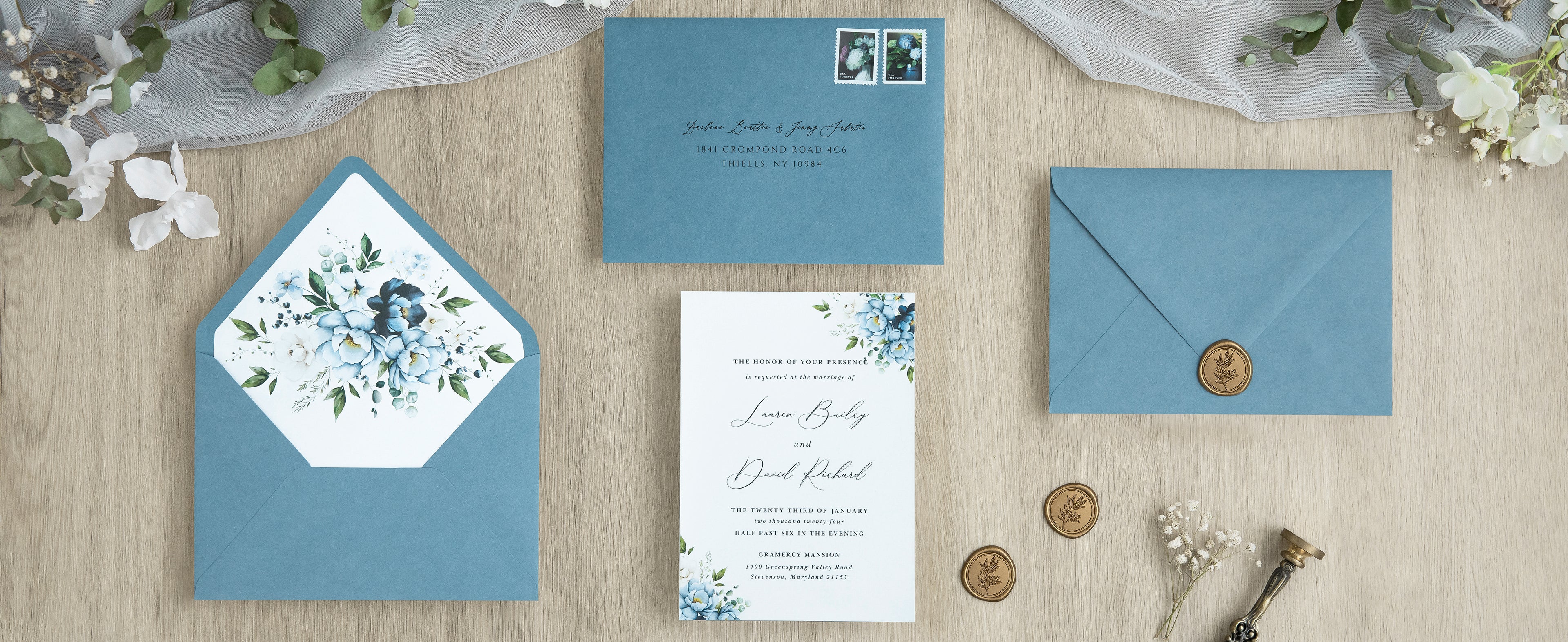 PONATIA 50 Pieces Dusty Blue Floral Liner Euro Flap Envelopes for  Wedding Invitation Card