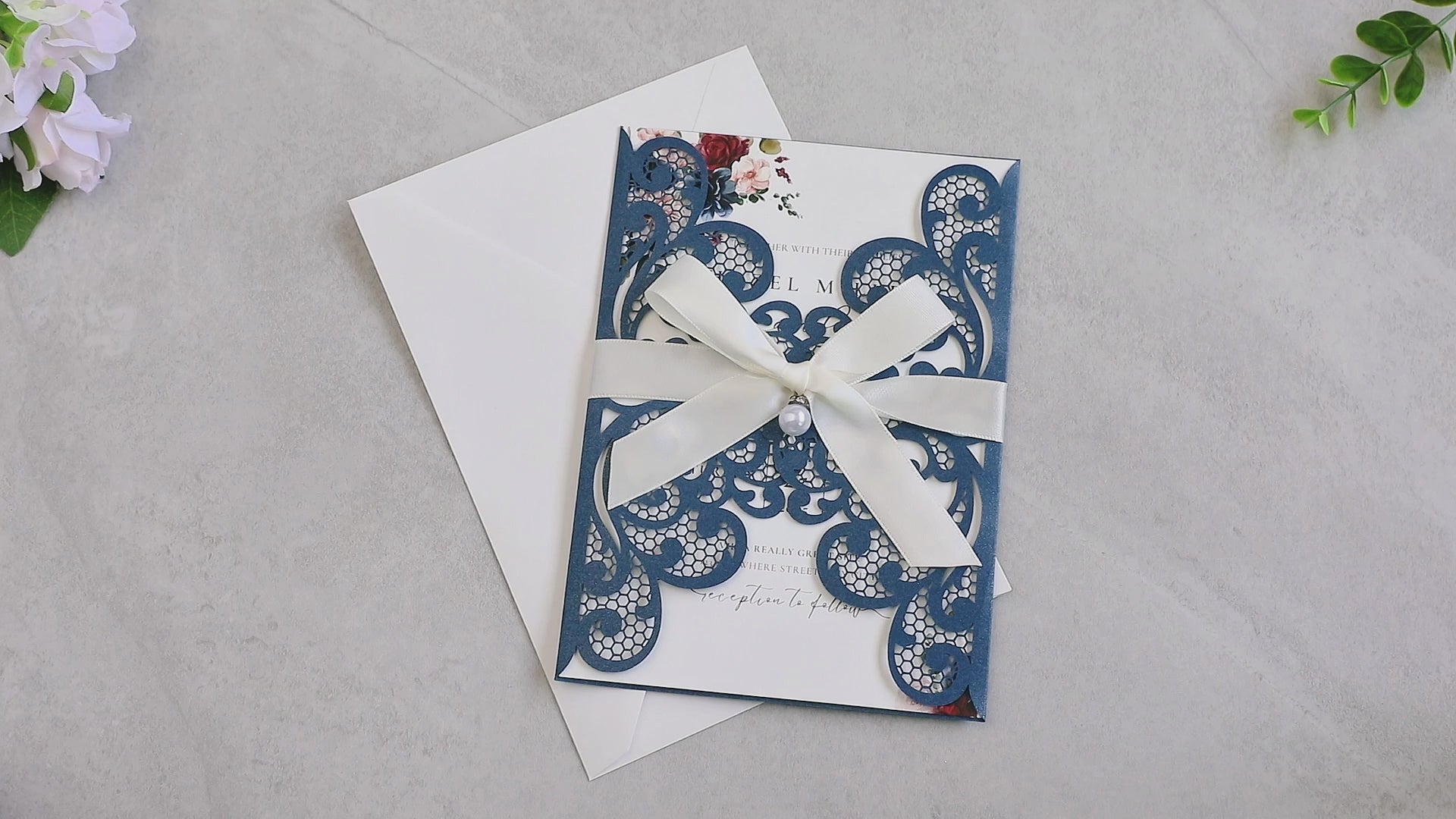 PONATIA 20 PCS Navy Blue Laser Cut Invitation Cards with Ribbons and Rhinestone Pearls