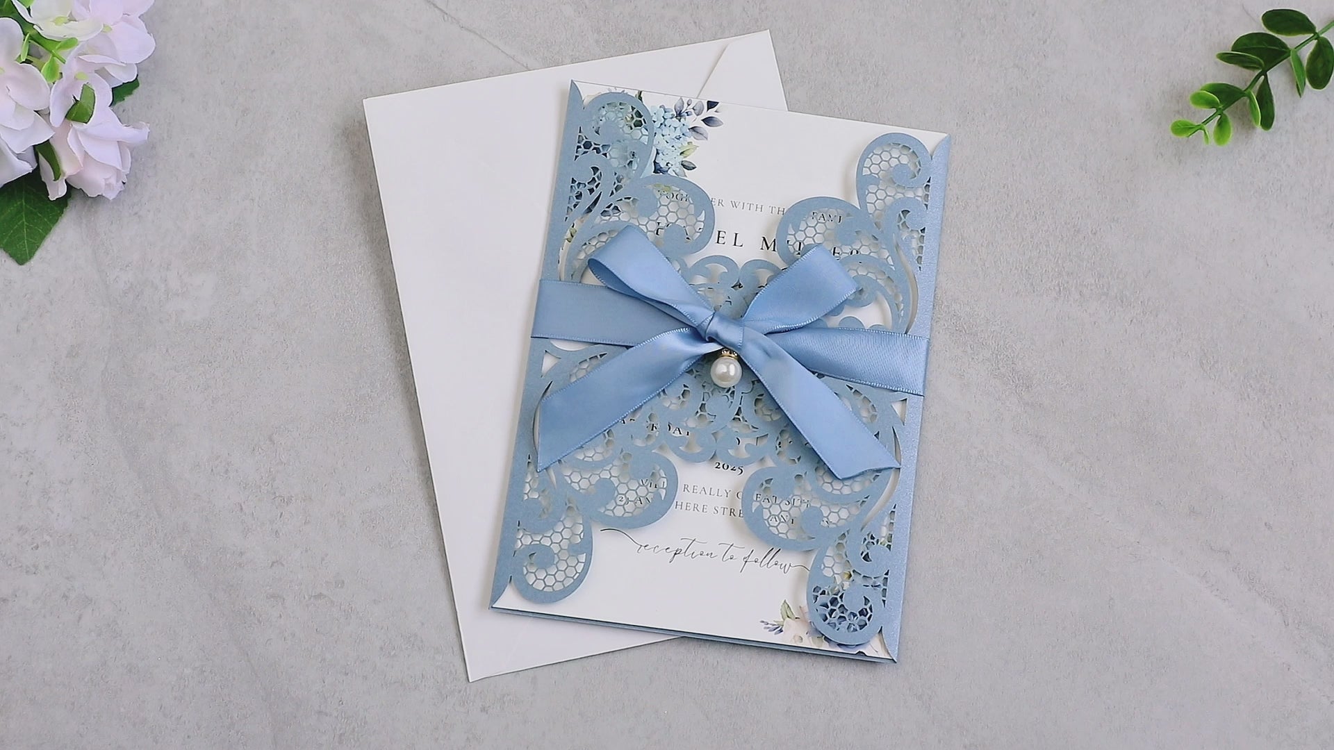 PONATIA 20 PCS Dusty Blue Laser Cut Invitation Cards with Ribbons and Rhinestone Pearls