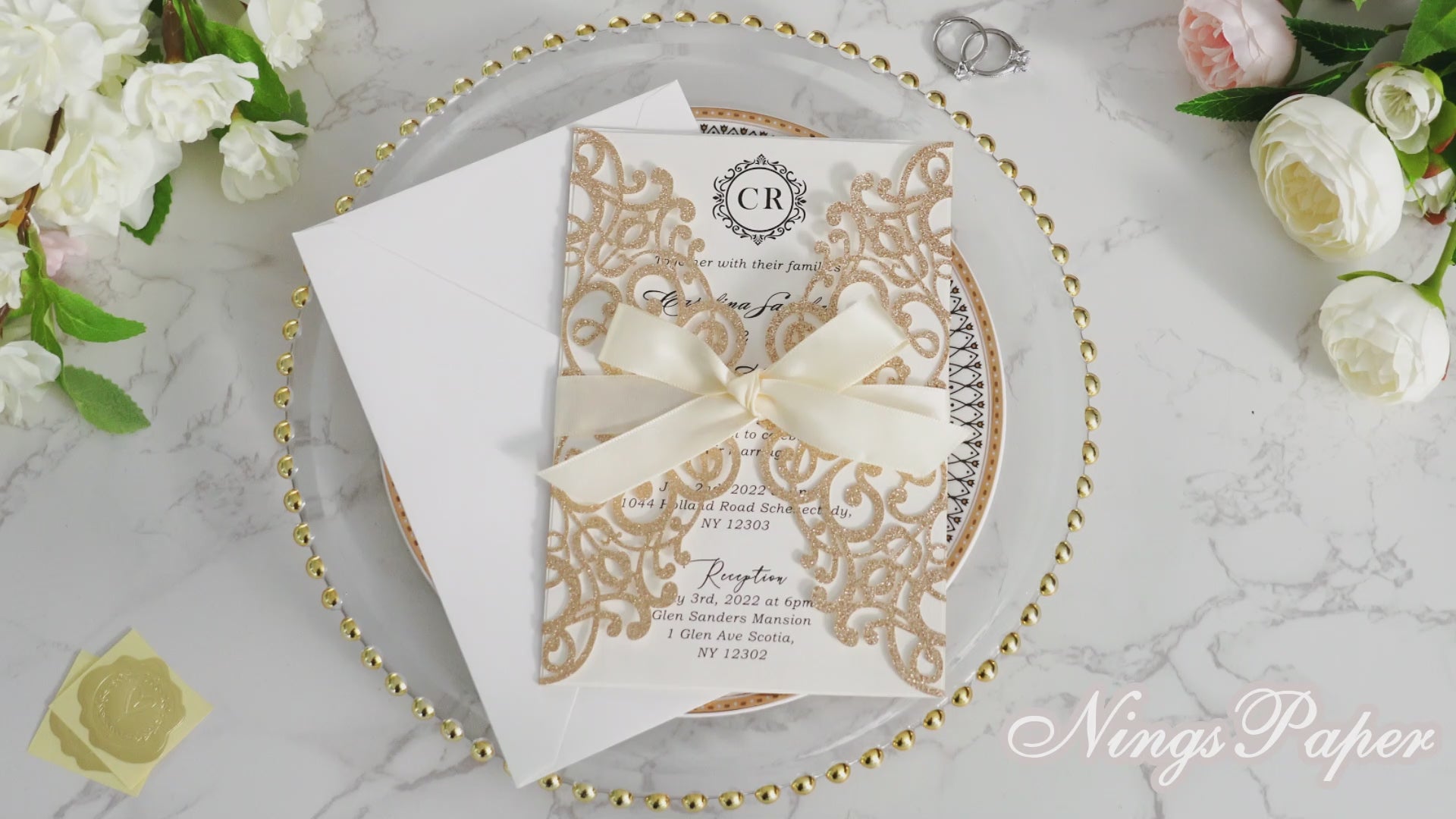 PONATIA Gold Glitter Laser Cut Wedding Invitations Cards with Ivory Bow-knot