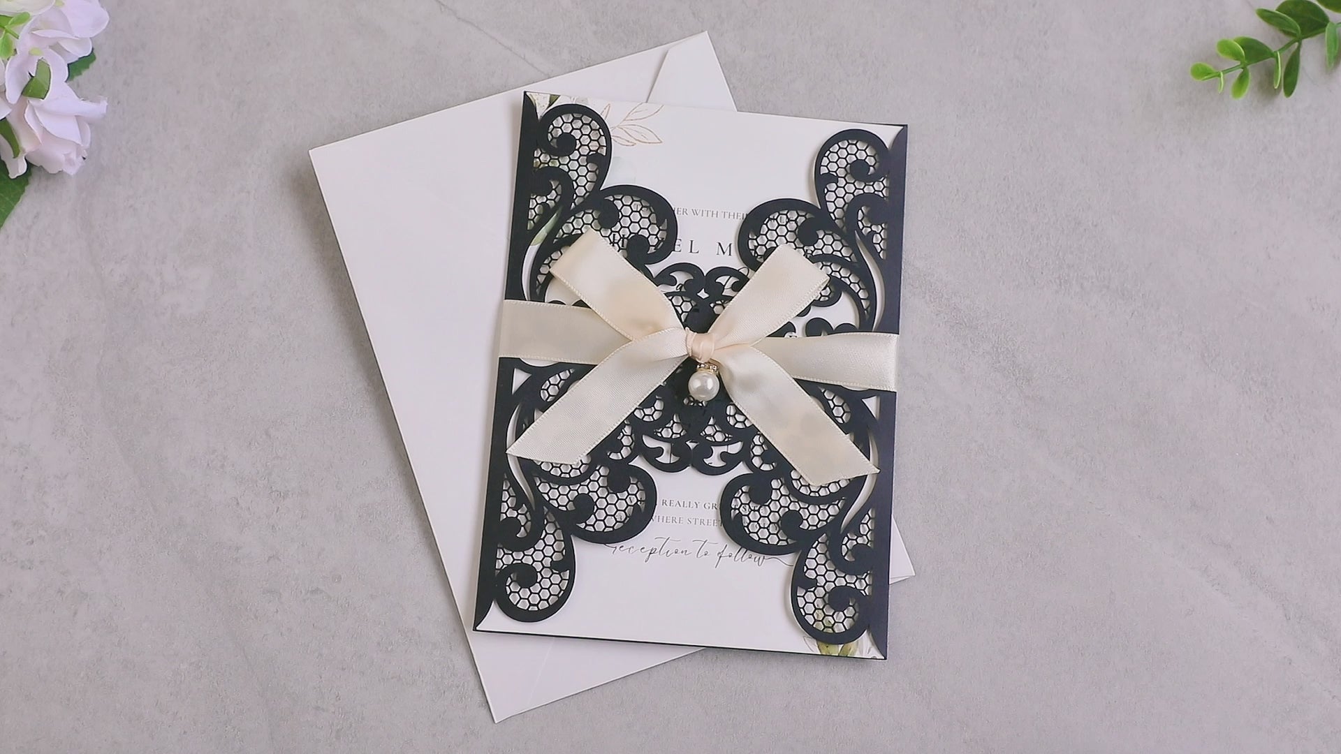 PONATIA 20 PCS Black Laser Cut Invitation Cards with Ribbons and Rhinestone Pearls