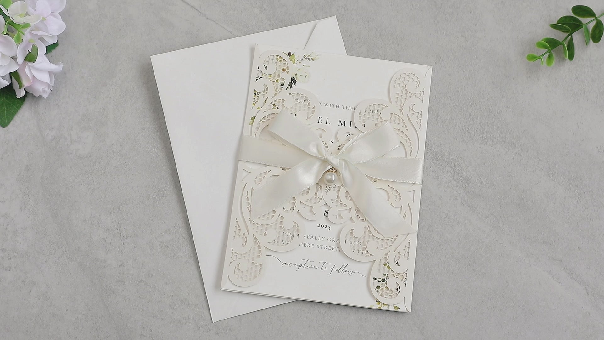 PONATIA 20 PCS Ivory Laser Cut Invitation Cards with Ribbons and Rhinestone Pearls